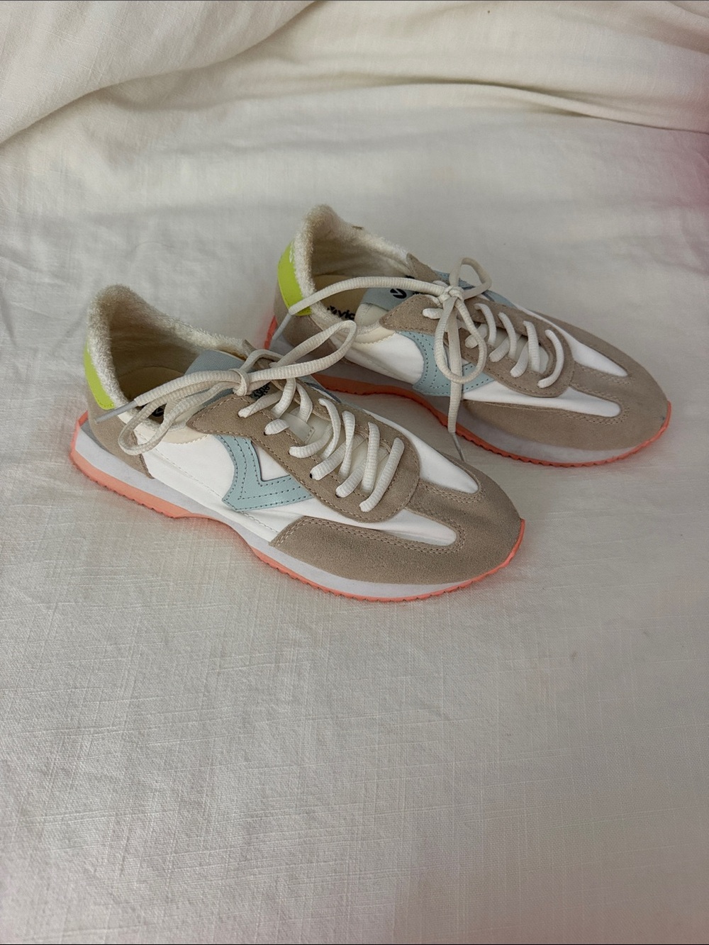 Victoria Beckham Beige, White & Mint Runner Sneakers with Coral Sole